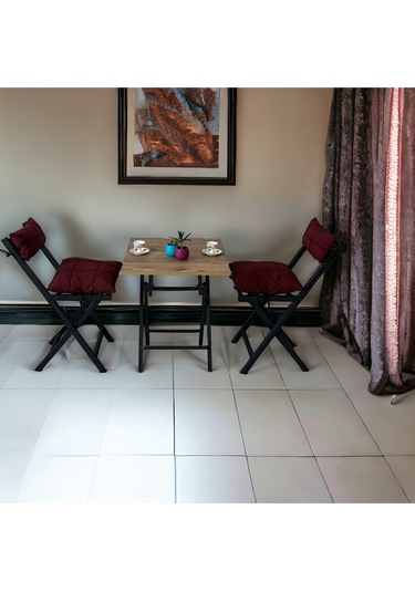 Modern Style Home Balkon Bahçe Mutfak 3'lü Bistro Set Katlanır 2 Sandalye 1 Masa Bordo