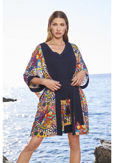 Monamise Kadın Çiçek Desenli Askılı 3'lü Alt Üst Takım 25056 Lacivert