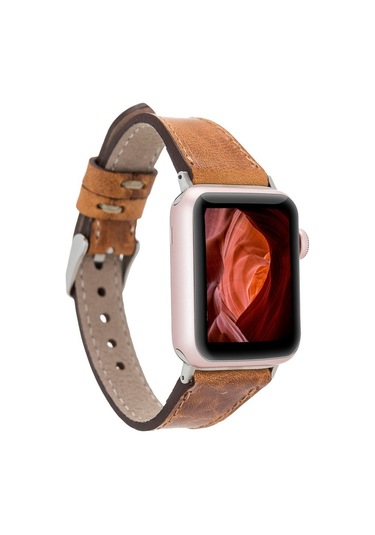 Apple Uyumlu  Watch Deri Kordon 38-40-41mm Slim G19 Taba