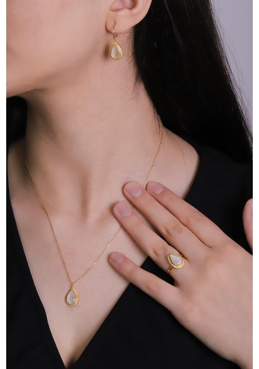 Beyisa Güneş Taşı Serisi Sarma Damla Kesim Beyaz Renkli Oniks 22 Ayar Altın Kaplama Kadın Set