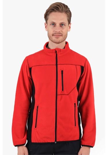 Çift Renkli Polar Ceket Kırmızı - Siyah