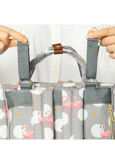 Lal Baby Flamingo Desenli Anne Bebek Bakım Sırt Çantası Gri