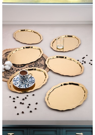 6 Adet Oval Dalgalı Sade Kahve Ve Sunum Tepsisi 20 Cm X 25 Cm