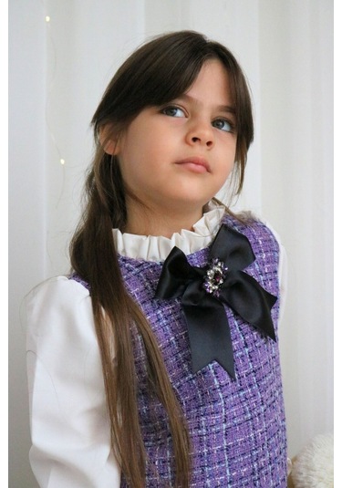 Kız Çocuk Lila Mor Vanessa Broş Detaylı Tüvit Uzun Kollu Yılbaşı Elbisesi