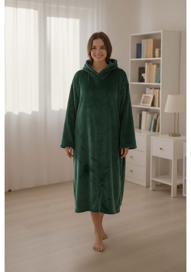 Serona Wellsoft Peluş Kapüşonlu Uzun Panço Yumuşak Dokulu Giyilebilir Tv Battaniyesi Z.yeşil S/m Zümrüt Yeşili