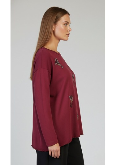 Taş Desenli Uzun Kollu Bambu Viskon Kumaş Bluz Bordo