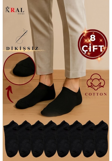 Kral Socks Kadın - Erkek 8 Çift Cotton Dikişsiz Soft Görünmez Penye Patik Bilek Çorap Siyah