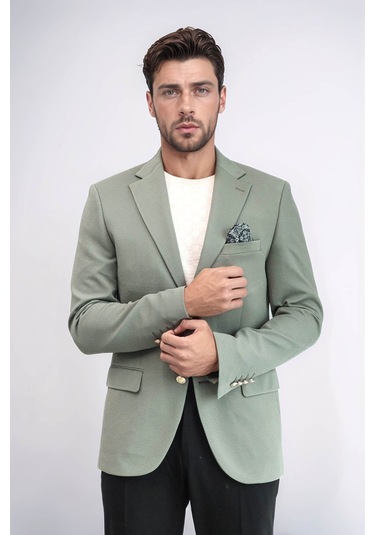 Haki Yeşil Kendinden Desenli Örme Altın Renk Metal Düğmeli Slim Fit Erkek Blazer Ceket - Wessi Green Haki Yeşil Kendinden Desenli Örme Altın Renk Metal Düğmeli Slim Fit Erkek Blazer Ceket - Wessi Green