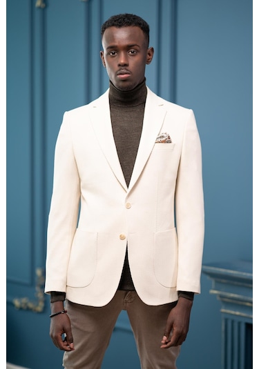 Apartro Regular Fit Mono Yaka Çift Yırtmaç Torba Cep Armürlü Tek Ceket Krem