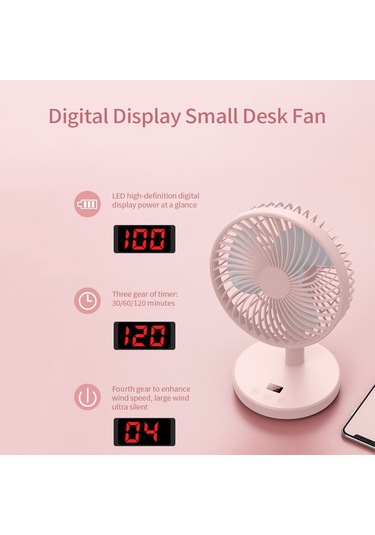 Youtek Pembe Usb Şarjlı Dijital Ekranlı Masaüstü Fan - 4 Hız Ayarlı, Süper Sessiz, Manuel Ayarlanabilir Pembe