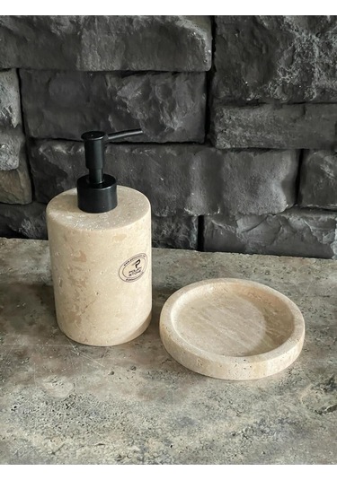Yeni Traverten Doğal Sıvı Sabunluk Ve Tepsisi 2,li Set Gold