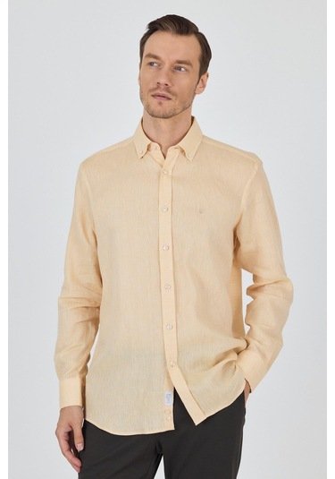 Uzun Kol Düz Keten Düğmeli Yaka Cepsiz Casual Comfort Fit Gömlek 1004250114 Altın