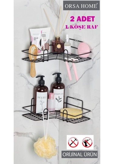 Orsa Home 2 Adet Geniş L Tasarım Güçlü Magic Yapışkanlı Siyah Banyo Köşe Rafı 229 Siyah
