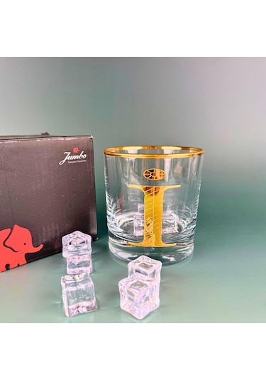 Perlotus İ Harfli Gold Altın Yaldızlı Viski Kadeh Bardak Jumbo Serisi Şeffaf
