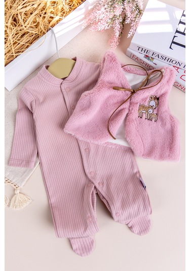 Peluş Yelekli Pamuklu İkili Kız Bebek Tulum Set Gülkurusu