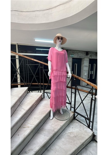 İtalyan 2 Beden Ince Gösteren Yarım Kol Kat Kat Ipek Elbise Pembe