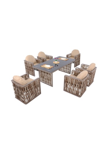 Talia Rattan Bahçe Masa Takımı 100x200 6 Kişilik Bahçe Mobilyası Gri