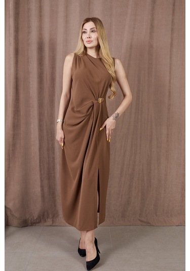 Cojans Kadın Kalın Askılı Yırtmaçlı Linda Kumaş Elbise Kahve Çok Renkli