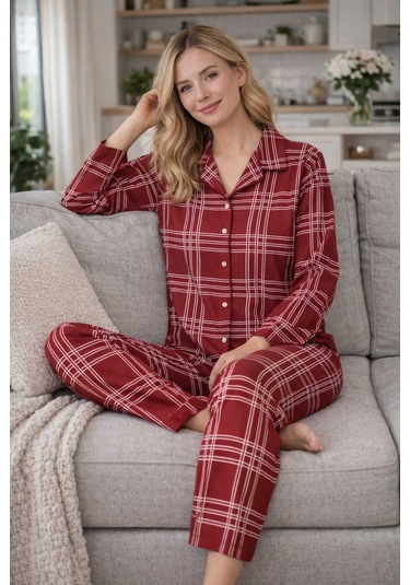 Tenra Kadın Pijama Takımı Licralı Boydan Düğme Bordo