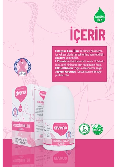 Siveno %100 Doğal Roll On Kadın Deodorant Ter Kokusu Önleyici Bitkisel Leke Bırakmayan Vegan 50 ML