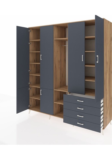 Kronos Dolap 14 Raflı 4 Çekmeceli Tek Askılı 220x59x243 Çam-antrasit/antrasit Antrasıt/antrasıt