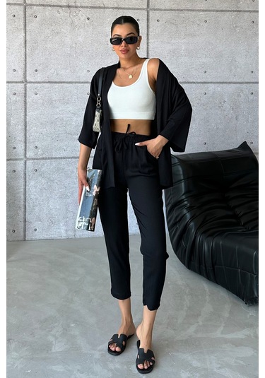 Modagen Kadın Siyah Kimono Alt Üst Havuç Pantolon Takım Siyah