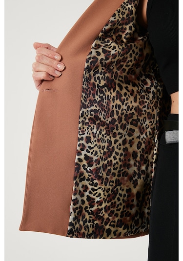 Lela Standart Fit Mono Yaka Desenli Astar Detaylı Blazer Bayan Ceket 6524003 Camel