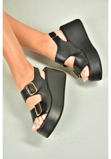 Fox Shoes U946418509 Siyah Dolgu Topuklu Kadın Ayakkabı Siyah-suni Deri