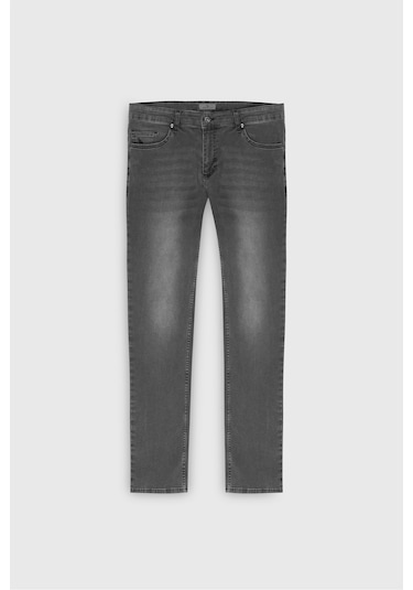 Erkek Antrasıt Pamuklu Esnek Slim Fit Dar Kesim 5 Cep Jean Kot Denim Pantolon Antrasit