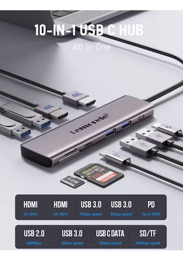 Lemorele 10'un 1'i Çoğaltıcı Hub Usb 3.0/hdmı/100w/type-c/sd/tf