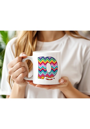 D Harfi Renkli Zigzag Desenli Kupa Bardak - Afrika Tarz Etnik Tasarım Kupa - Kişiye Özel Beyaz