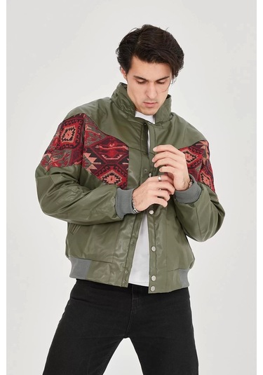Erkek İçi Astarlı İçten Yaka Kısmı Peluşlu Suni Kumaş Vintage Ceket - Haki Haki