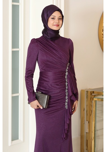 Parıltılı Fırfır Detaylı Zühre Tesettür Abiye Mor