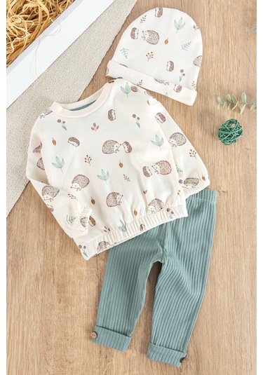 Figürlü 3'lü Şapkalı Unisex Bebek Takımı Su Yeşili