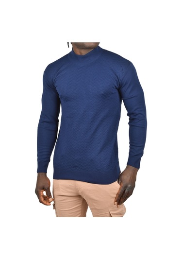 Deepsea Erkek Lacivert Zigzag Desenli Yarım Balıkçı Yaka Dar Kesim Boğazlı Triko Kazak 2505496 Lacivert