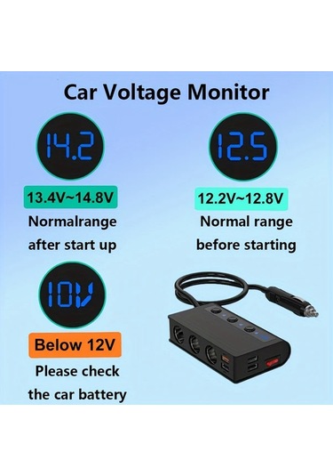 Xuweiwei Lessmore Siyah 4 Portlu Voltaj Göstergeli 12 24v Araç Şarj Cihazı Hızlı Şarj 1den 3e Adaptör Led Ekran Kompakt Tasarım