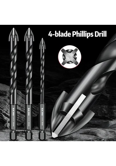 Yaleker 4'lü Çelik Çivi Seti: Cam, Seramik, Tuğla Delme İçin 6-8-10-12mm, Dört Kesici Uç, Titanyum Kaplama, Hızlı Montaj Uçlu