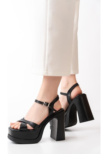 Asmi Shoes Kadın Çapraz Bantlı 12 Cm Platformlu Topuklu Ayakkabbı Siyah Siyah