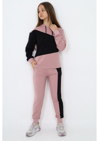 Kız Çocuk %100 Pamuk Garnili Kapüşonlu Uzun Kol Alt&üst Eşofman Takım-eşt-0018 Pudra