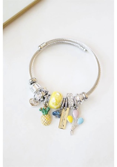 Çelik Charmlı Ananas Balon Bileklik - Sarı Çok Renkli