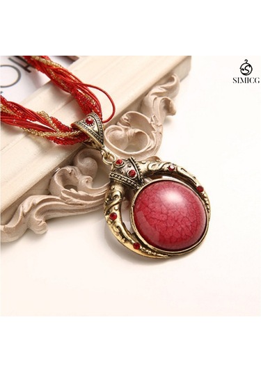 El Dokuması Bohem Pirinç Boncuklu Retro Etnik Tarzda Yuvarlak Değerli Taş Kolye Kırmızı
