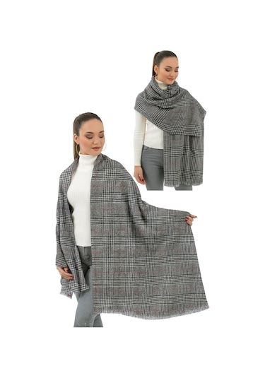 1 Adet Kadın Büyük Bedene Uygun Yumuşak Dokulu Kışlık Desenli Atkı Omuz Şalı Gri Ekose