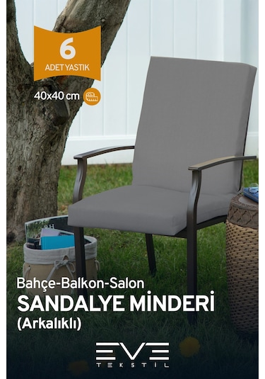 Eve Tekstil Bahçe - Salon - Balkon Arkalıklı Fermuarlı Bağlanabilir Yıkanabilir Sandalye Minderi 6 Adet Gri