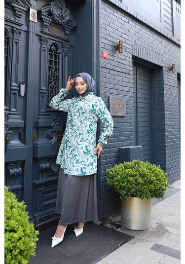 Kadın Yeşil Çiçek Desenli Pamuk Dokuma Kumaş Tunik Gömlek Etekli Takım Tk1417 Yeşil