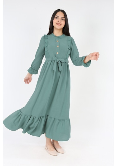 Kiz Cocuk Elbise Aerobin Keten Kumaş Tesettüre Uygun Uzun Boydan Cocuk Elbise Yonca Yeşili
