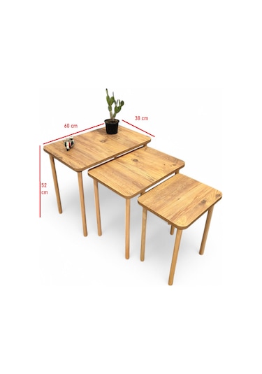 Doğal Ahşap Ayaklı 3'lü Zigon Sehpa Seti Çam