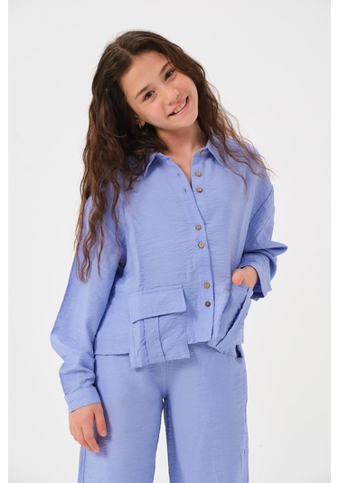 Genç Kız Çocuk Cepli Uzun Kollu Gömlek Mavi