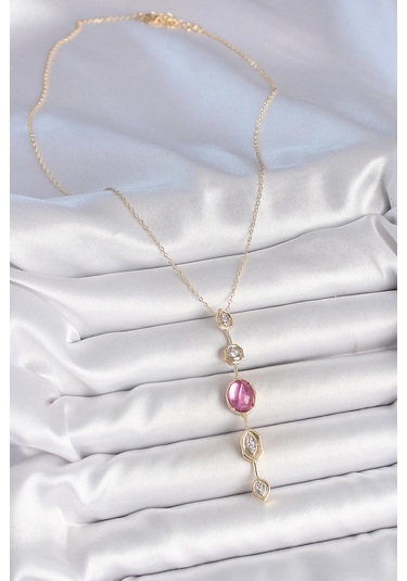 Pirinç Zincir Gold Renk Pembe Zirkon Taşlı Y Kolye Çok Renkli