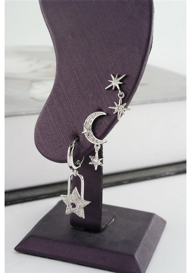 Kadın Vip Seri Zirkon Taşlı Ay Ve Yıldız Model 3'lü Küpe Seti Çok Renkli