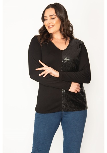 Kadın Siyah Yarısı Pul Payet Detaylı V Yaka Bluz 65n30422-siyah Siyah